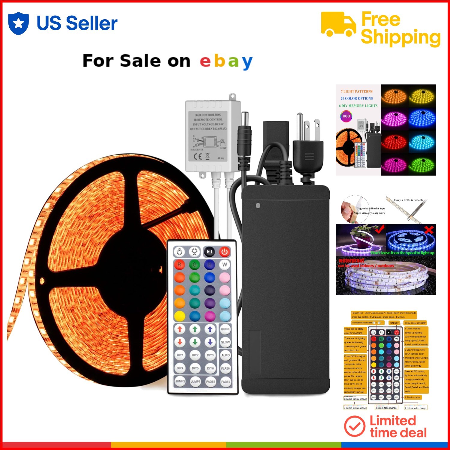 32.8ft Waterproof RGB LED Strip Lights with 600 LEDs and Remote for Color Changing Effects