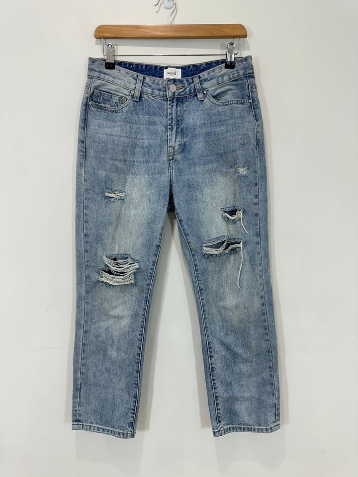 Seed Heritage Jeans Women AU 8 (30x25) Blue Denim Distressed Straight Crop
