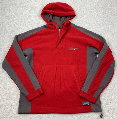 Vintage Tommy Jeans Knit Hoodie Sweatshirt Men's Size M Red Gray Long Sleeve