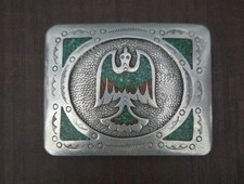 Vintage JE Navajo Peyote Bird Sterling Silver Inlay Belt Buckle Turquoise /Coral