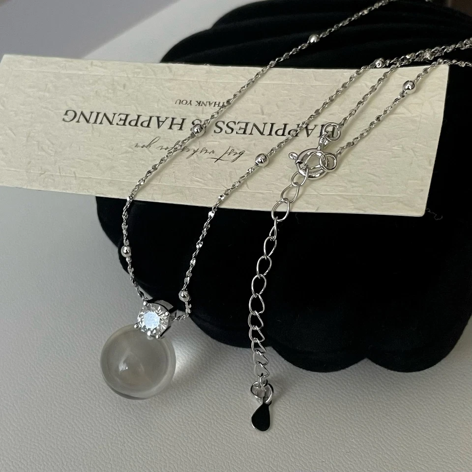 Colgante de piedra lunar etérea orbe y circón S925 plata delicado collar satélite Foto 4 de 4