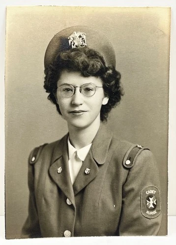 1940s WWII Woman in Uniform Eyeglasses Cadet Nurse Portrait Vtg Military Photo
