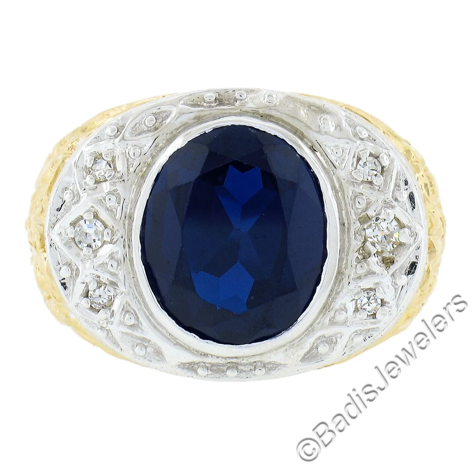 Vintage 18k TT Gold Oval Lab Created Sapphire & Diamond Repousse Work Band Ring - Image 4 of 4