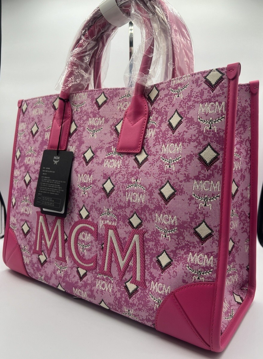 Mcm Large Pink Jacquard Monogram Canvas Leather Tote Book Tote