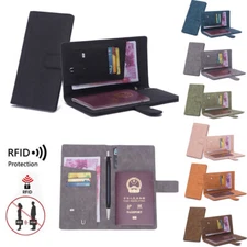 RFID Blocking Leather Long Passport Cover Sim Card Slots Passport Holders Pocket
