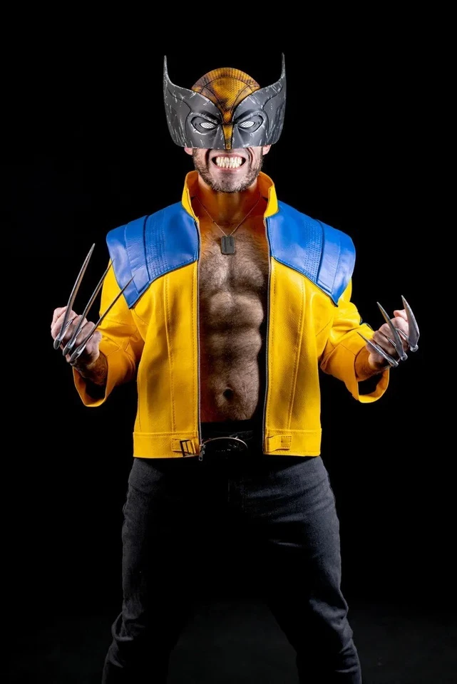 Chaqueta de cuero Wolverine para hombre | Abrigo de motociclista amarillo genuino | X-Men Foto 2 de 4