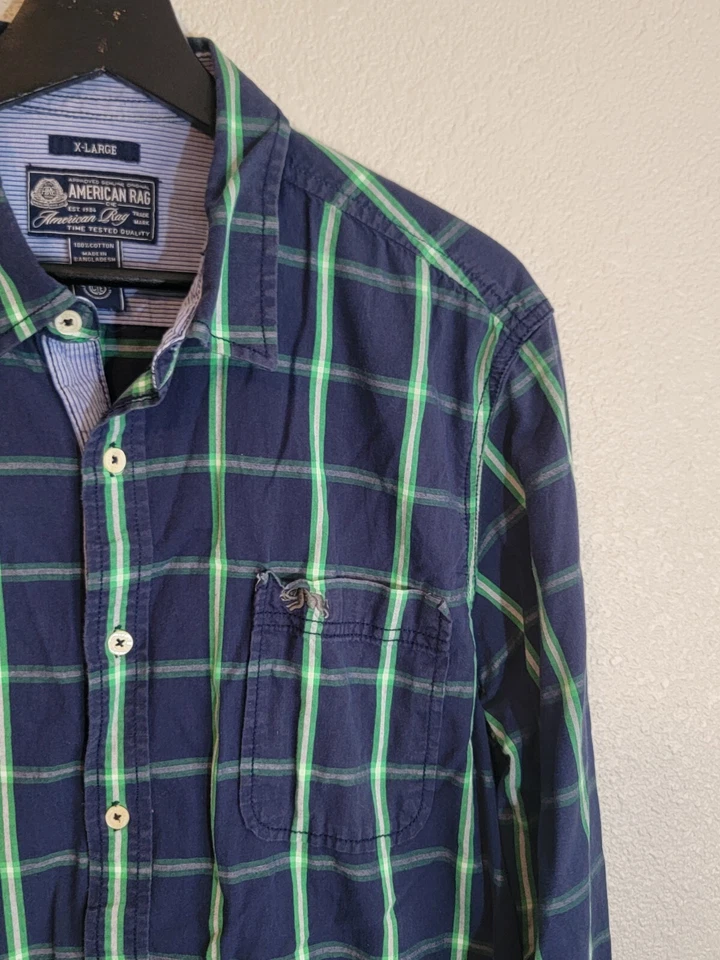 Camisa masculina American Rag Cie flanela botão para cima XL manga longa colar xadrez azul - Imagem 3 de 4