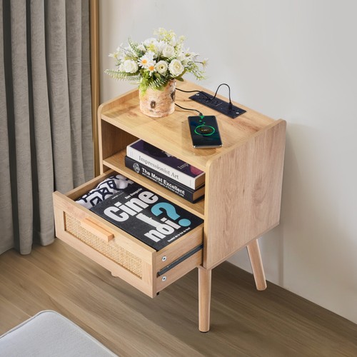 Rattan Nightstand End Table with Drawer Open Shelf Boho Bedside Table - Picture 8 of 12