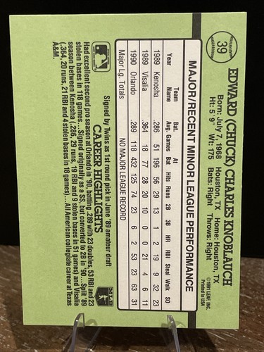 1991 Donruss The Rookies Chuck Knoblauch Minnesota Twins #39 - Bild 2 von 2