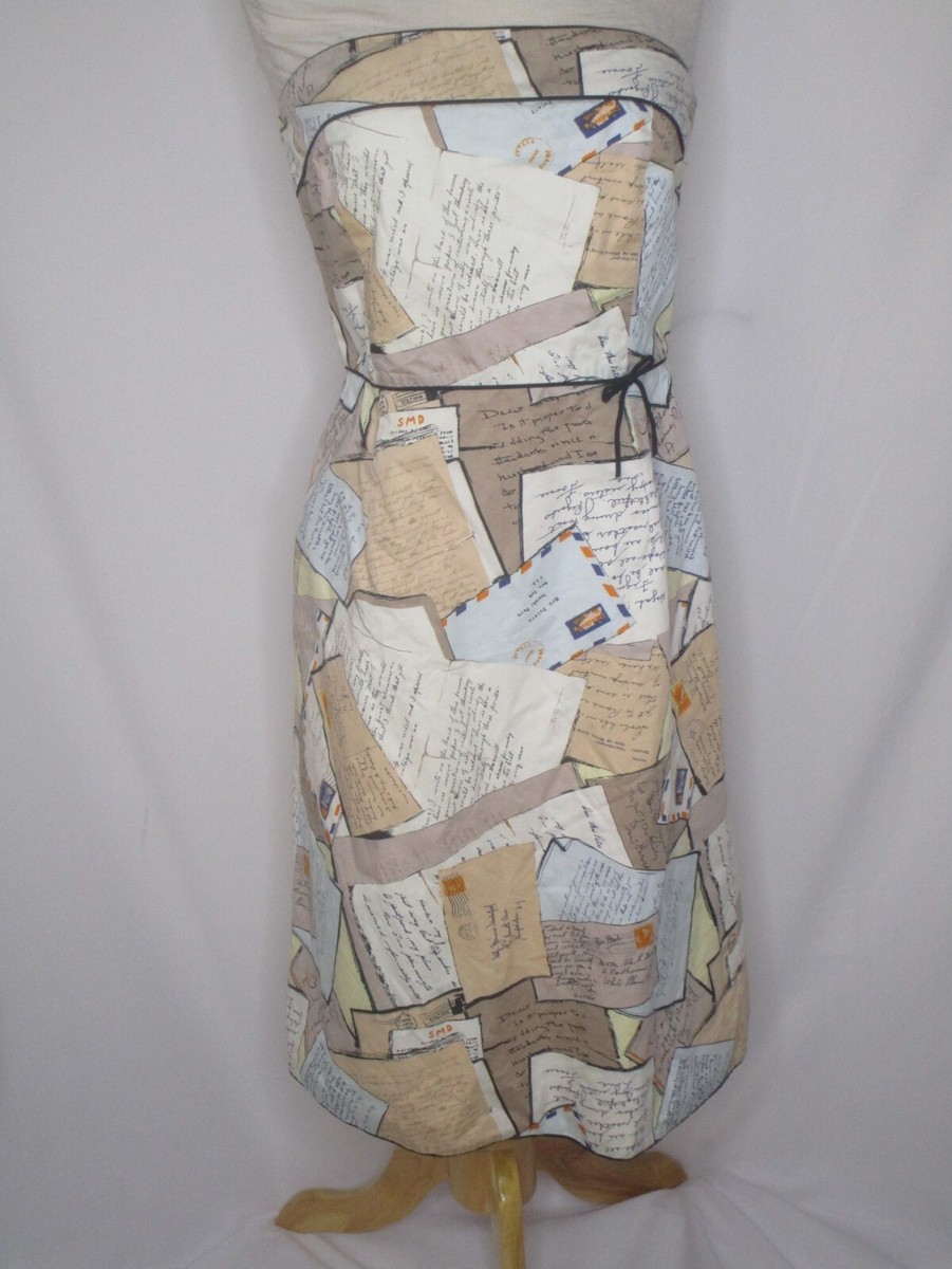 J. Crew Strapless 100% Cotton Dress Postal Leters Print 8 Built In Bra
