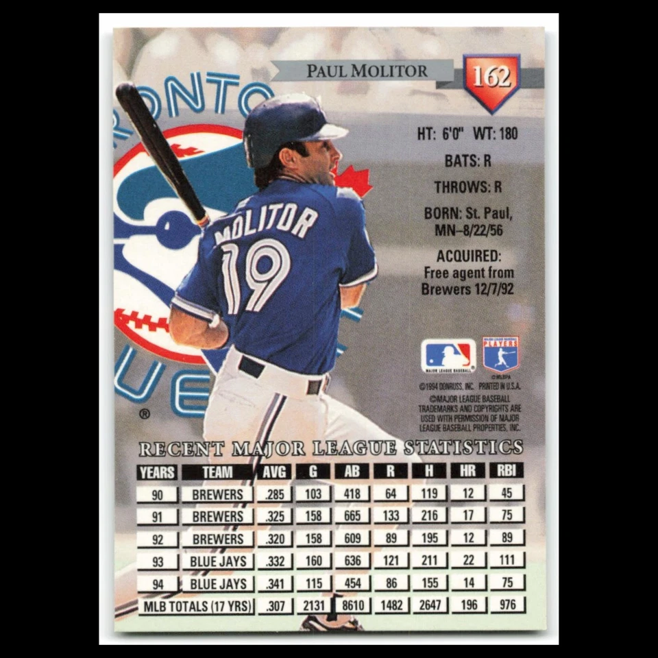 Paul Molitor #162 1995 Donruss Toronto Blue Jays Baseball Card MLB NM - Image 2 of 3
