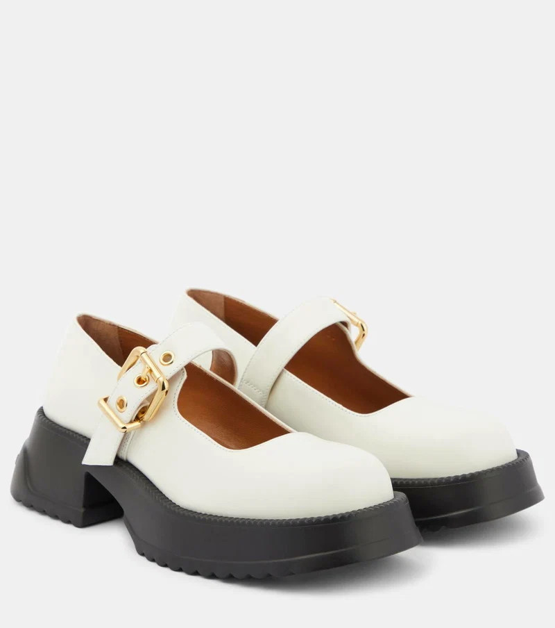 Marni Mary Jane Buckle Loafer Shoes White Leather Gold Hardware Size 39