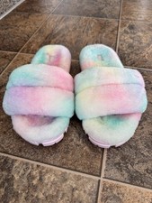 UGG Cozetta Watercolors Indoor-Outdoor Sheepskin Slide Slippers- Rainbow, Size 9