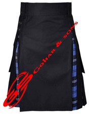Traditional Modern Hybrid Black Cotton  Ramsay-Blue Tartan Utility Kilt for Men