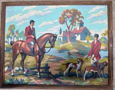 Quadro scena caccia equitazione vintage con cani e cavallo, incorniciato 42*33