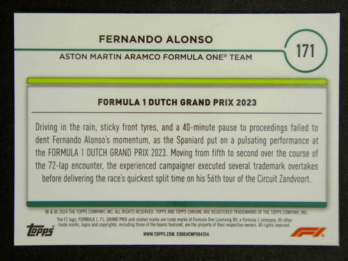 2024 Topps Chrome Sapphire F1 Fernando Alonso #171 Aqua 80/99 Driver of the Day - Picture 3 of 3