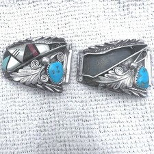 Sterling Silver Watch Tips Ornate Inlaid Stones Southwestern Large 24g SEE Picts