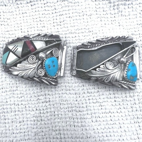 Sterling Silver Watch Tips Ornate Inlaid Stones Southwestern Large 24g SEE Picts