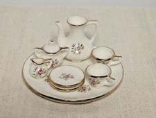 VTG PORCELAIN MINIATURE DOLL HOUSE SET TEAPOT SAUCER CUPS CREAMER SUGAR GILT