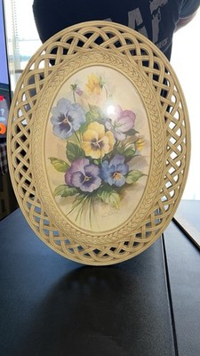 Vintage Homeco Pansy Wall Plaque by Fran Anderson Lattice Frame 1970s 2384
