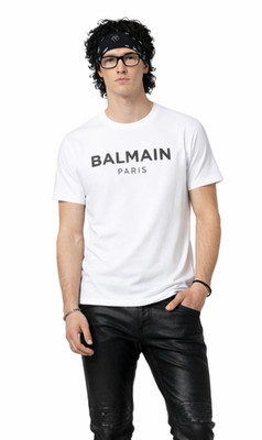 BALMAIN Flocked Logo Straight Fit T-Shirt Cotton Shirt Paris Logo Tee Top Bnwt M