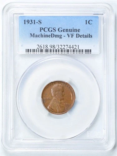 1931-S 1C Lincoln Wheat Cent VF Detail Machine Damage PCGS 32274421