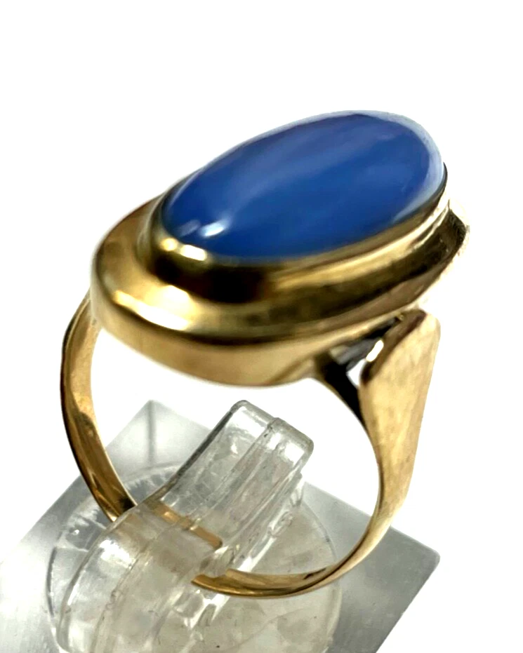 Solider 585 Gold 14 K antik Ring Chalzedon ? Blauachat um 1920 RG 52 Ø 16,5 mm - Bild 3 von 4