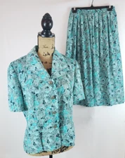 Leslie Fay women 2 Piece Green Floral Separates Blouse elastic Skirt sz 10 AA279