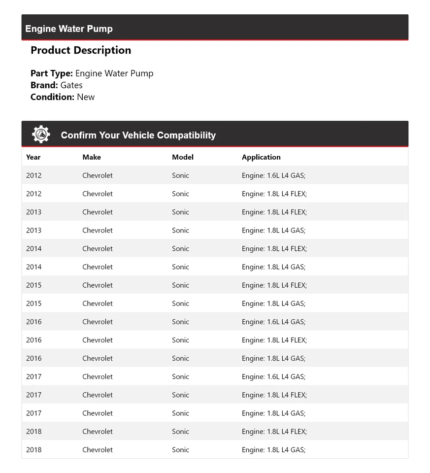 Puertas de bomba de agua con motor sónico Chevrolet 2012-2018 2013 2014 2015 2016 2017 Foto 2 de 4