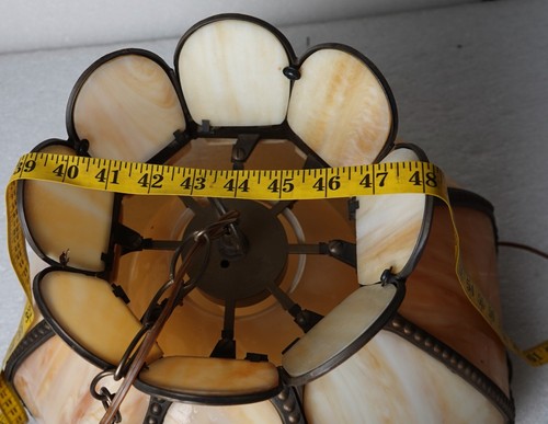 VINTAGE BENT SLAG STAINED GLASS HANGING CHANDELIER 17" DIAMETER EARTH TONE - Picture 9 of 21