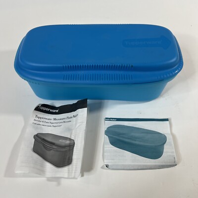 Blue Tupperware Microwave Pasta Maker Cook Strain Toss Blue Instructions in Lid