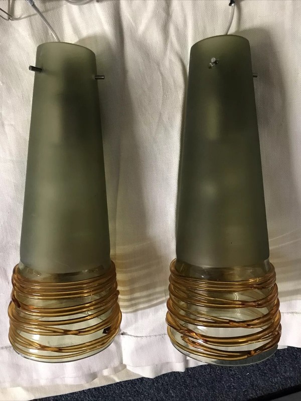 Pair Handblown Venetian Glass Pendants Ceiling Light Fixtures Green Moss Amber