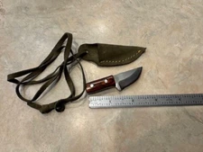 Miniature Carbon Steel Skinner Knife, wood handle,  naugahyde neck hanger