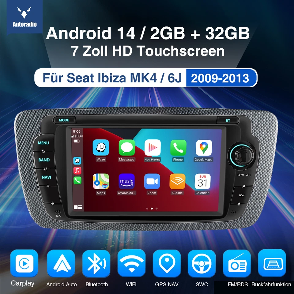 Für Seat Ibiza IV 6J 2009-2014 Android 14 Carplay Autoradio GPS RDS NAVI Kam 32G - Bild 2 von 4