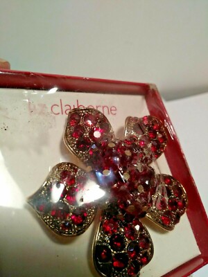 Liz Claiborne Red Stones And Gold/Silver Tone Flower Broach