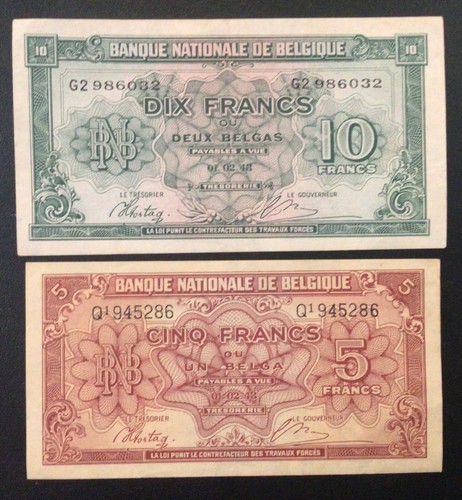 1943 BELGIUM PAPER MONEY - 5 & 10 FRANCS BANKNOTES! - Picture 2 of 2