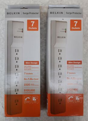 Lot of 2 Belkin Home / Office 7 Outlet Surge Protector 6' Cord White BE107200-06