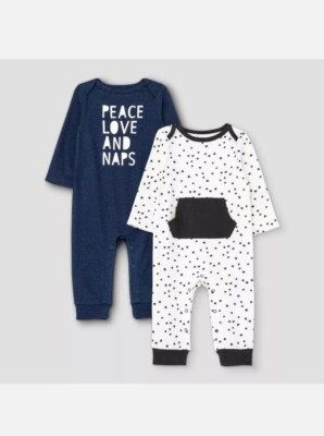 Cat & Jack Baby Boys' Blue/Black 2pk 'Peace Love & Naps' Long Sleeve Rompers 18M
