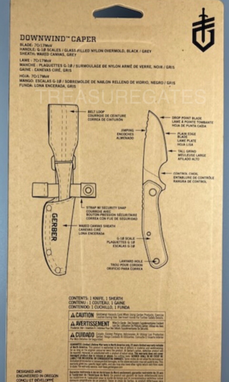 Gerber Downwind Caper Black Fixed Blade Knife Plain Edge w/Waxed Canvas Sheath