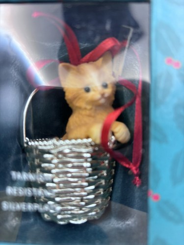 Reed & Barton Cat Kitten in Silver Plated Basket 2.5" Christmas Ornament, NIB - Picture 2 of 5