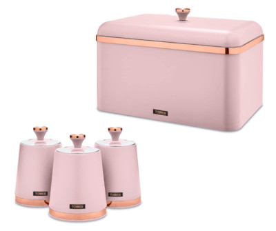 NEW Cavaletto Bread Bin Storage Tea Coffee Sugar Canisters Set Pink/Rose  Gold UK