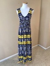 Purple Yellow Soft Long Maxi Dress V-neck Wide Straps Rouched Waist Size S Small