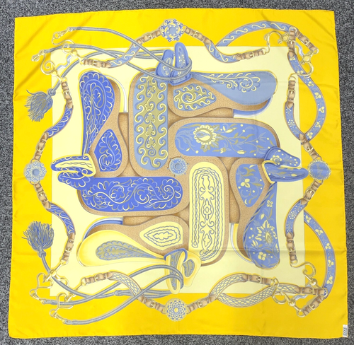 Auth Hermes Carré 90 Festival Yellow x Multicolor Silk Scarf W/Box BA050324 - Imagen 8 de 19