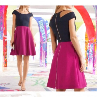 ROLAND MOURET NATAN ORCHID PINK & NAVY BLUE FIT & FLAIR POCKET DRESS SZ 2 |  eBay