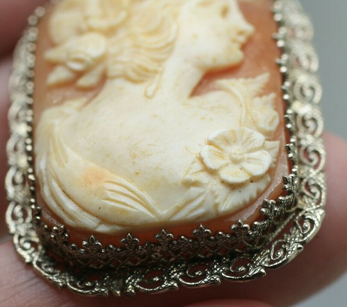 Antique Art Deco 14K white gold carved shell cameo square rectangle brooch pin - Picture 5 of 10
