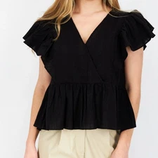 Women Grade & Gather Women V-Neck Flutter Sleeves Plain Top in Black Size Small