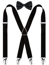 Men's 4 Clips X-Back Solid Suspenders Pre Tied Bow Tie Set Elastic Adjustable...