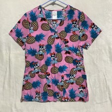 Disney Women Scrub Top Sz S Minnie Mouse Pineapples Wrap-Style Front Pocket Pink