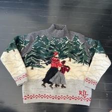 Vtg Ralph Lauren Exclusive Hand Knit Ski Sled Ice Skating 100 Wool SWEATER Med