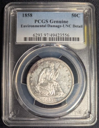 1858 Seated Liberty 50c Half Dollar PCGS Genuine UNC Detail-environmental damage